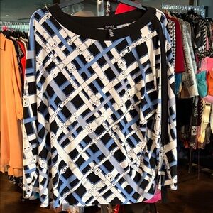 Jones New York Women's Geometric Blue and Black Long Sleeve Top